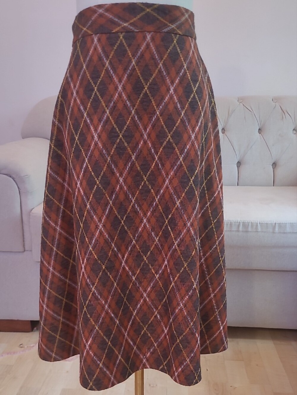 Brown Plaid A-Line Midi Skirt